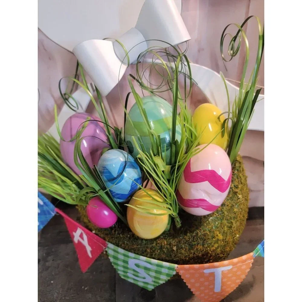 White easter‎ bunny egg grass sign decor spring bow